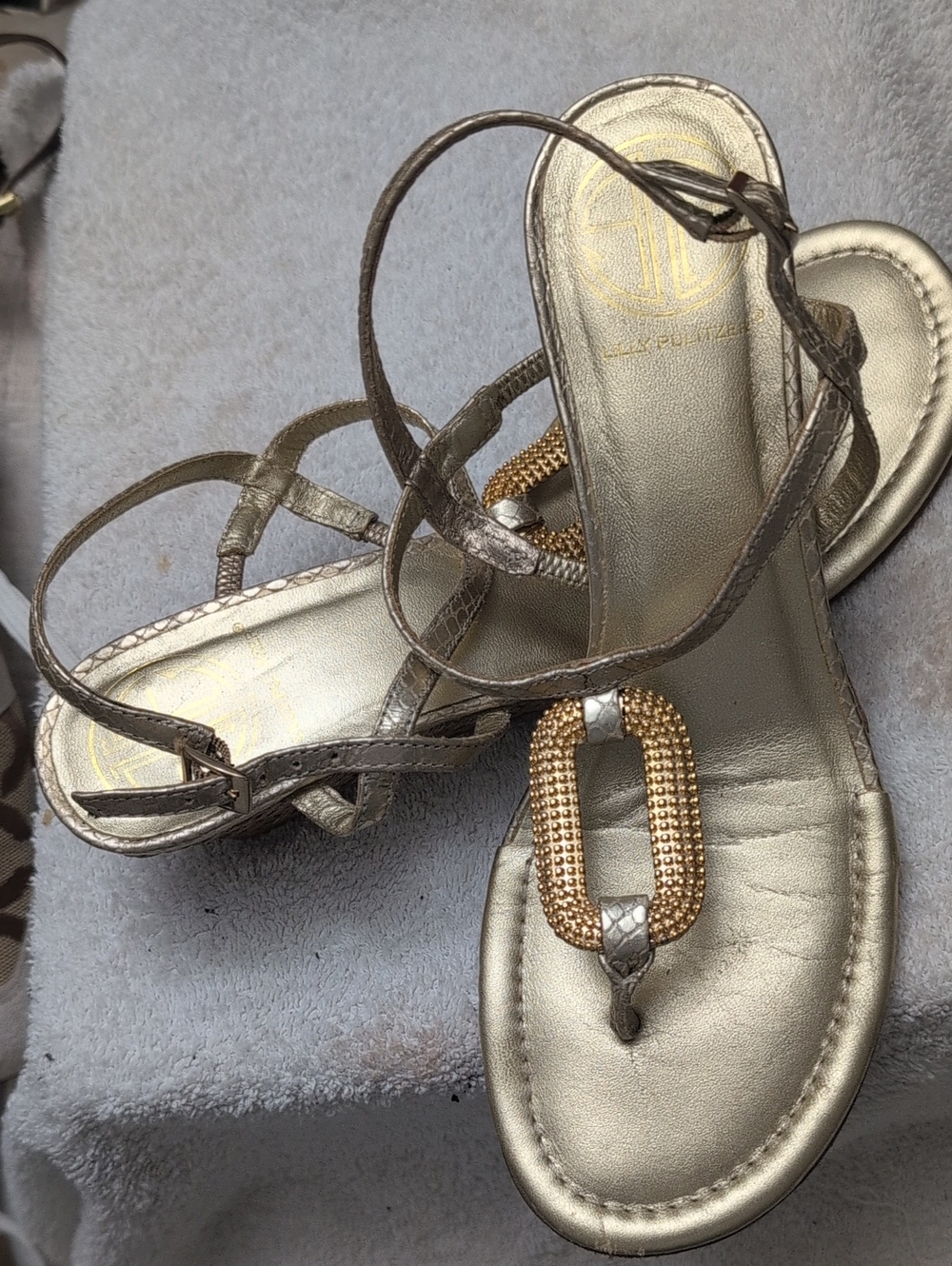 Lilly Pulitzer Metallic Gold T-Strap Sandals with Beaded Oval Accent